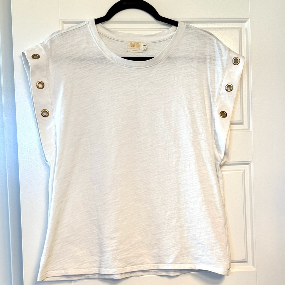🤍 Nation LTD White Muscle Tee with Gold Grommet Sleeves